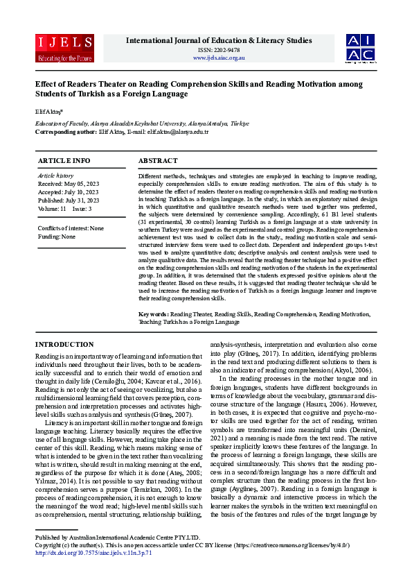 (PDF) Effect of Readers Theater on Reading Comprehension Skills and ...