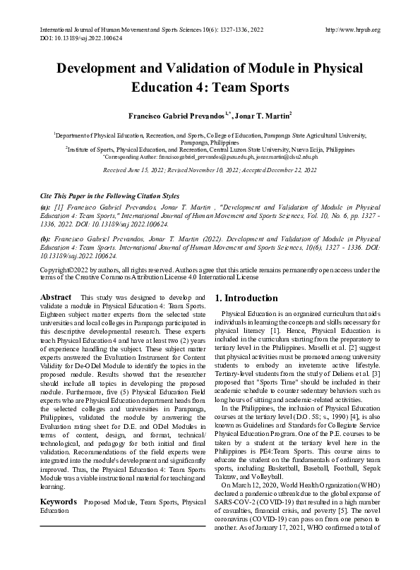 Pdf Development And Validation Of Module In Physical Education 4 Team Sports Pdf Development And Validation Of Module In Physical Education 4 Team Sports