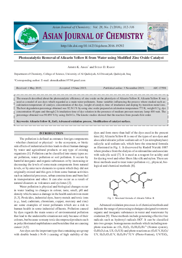 (PDF) Photocatalytic Removal of Alizarin Yellow R from Water using ...