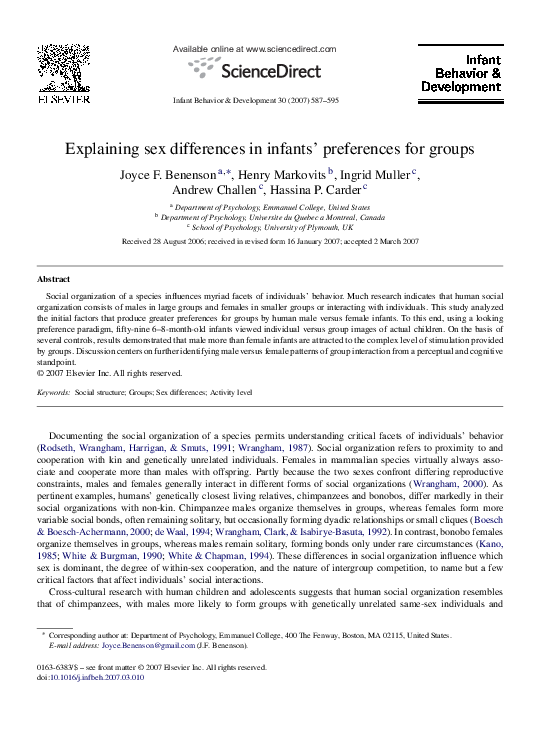 (PDF) Explaining sex differences in infants’ preferences for groups