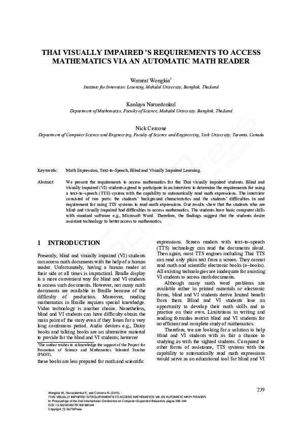 (PDF) Thai Visually Impaired ’s Requirements to Access Mathematics via ...