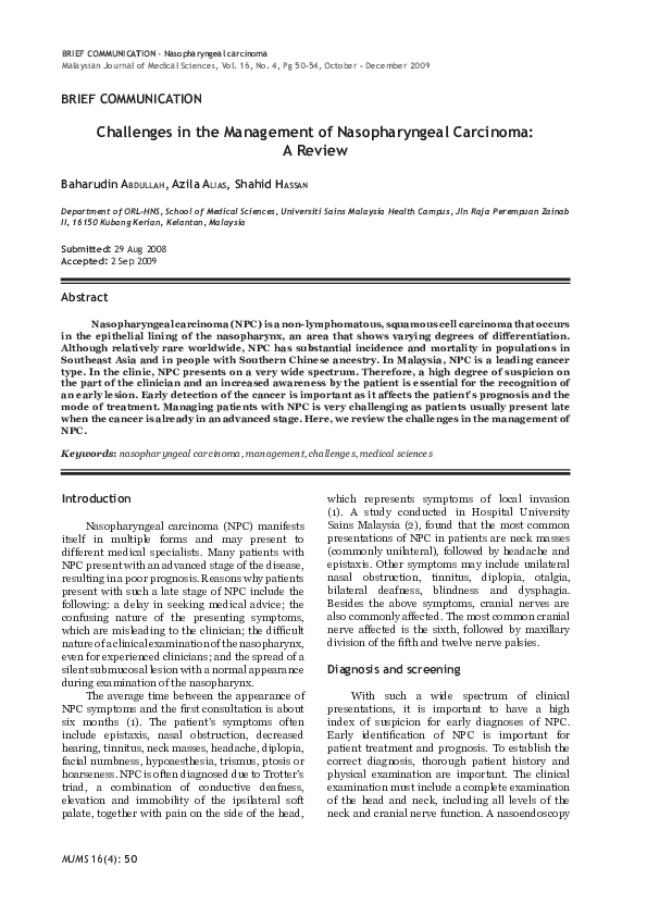 (PDF) Challenges in the management of nasopharyngeal carcinoma: a review