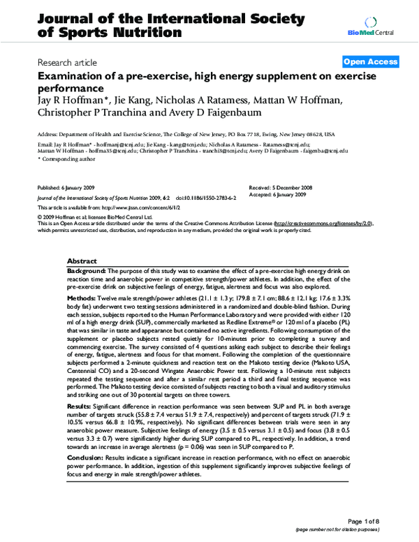 (PDF) Examination of a pre-exercise, high energy supplement on exercise