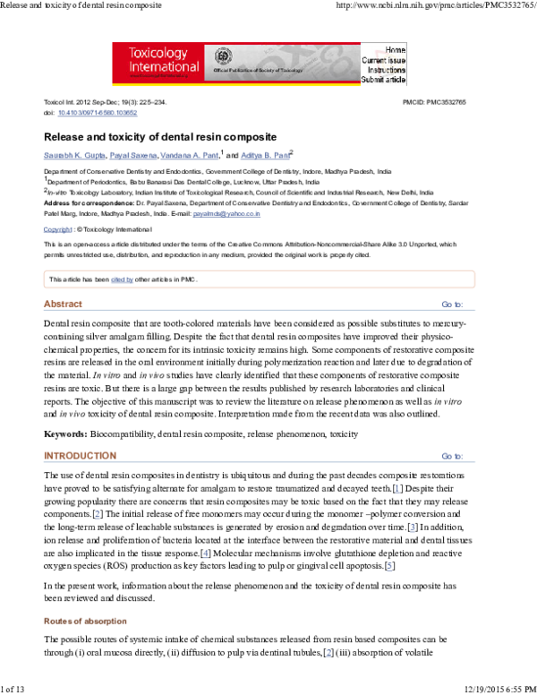 (PDF) Release and toxicity of dental resin composite Aditya Pant