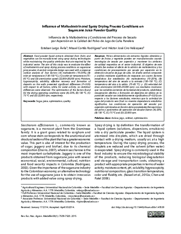 (PDF) Influence of Maltodextrin and Spray Drying Process Conditions on ...