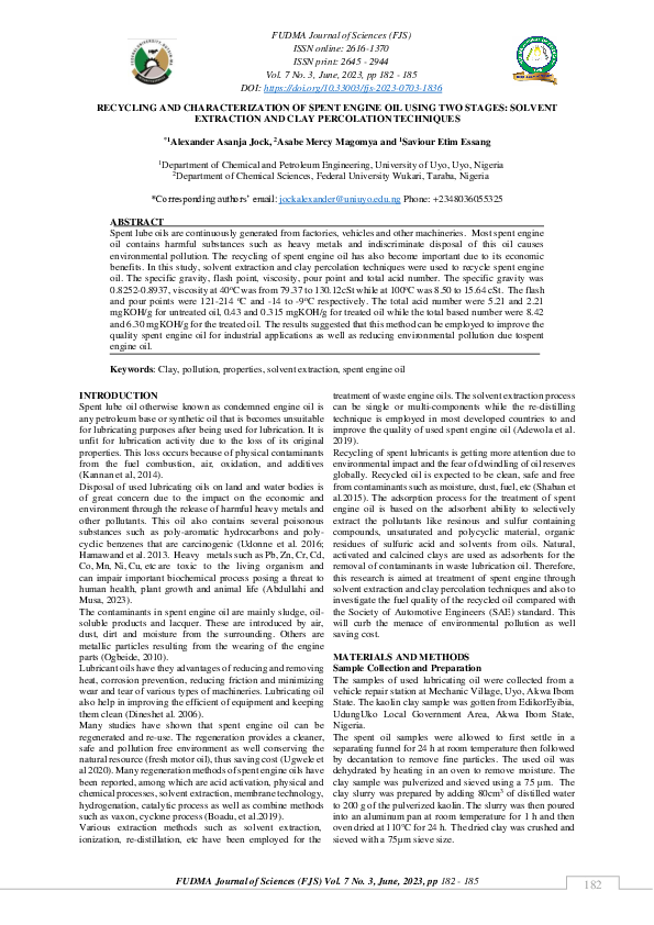 (PDF) Recycling and Characterization of Spent Engine Oil Using Two ...