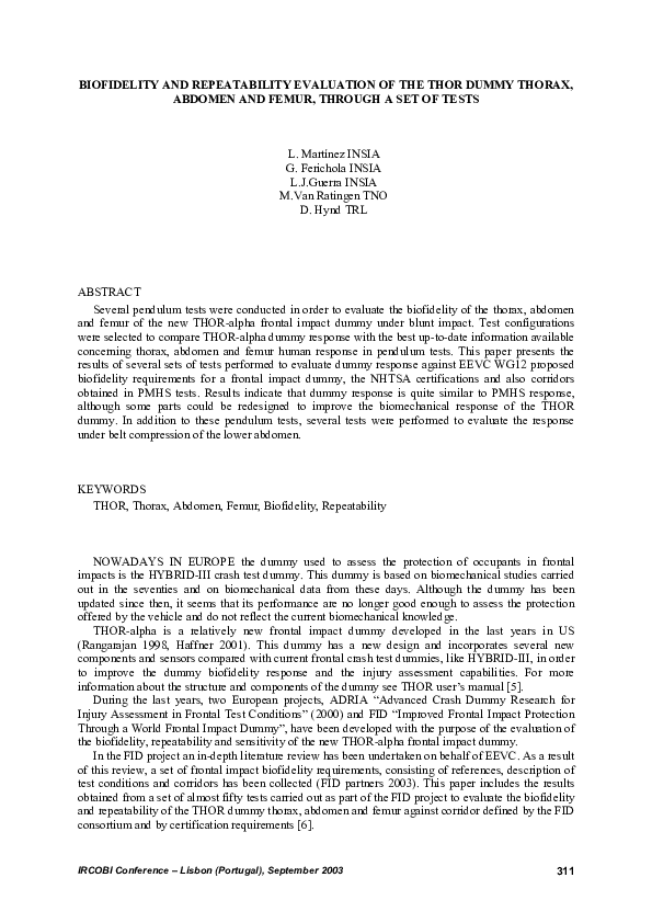 (PDF) Biofidelity and repeatability evaluation of the THOR dummy thorax ...
