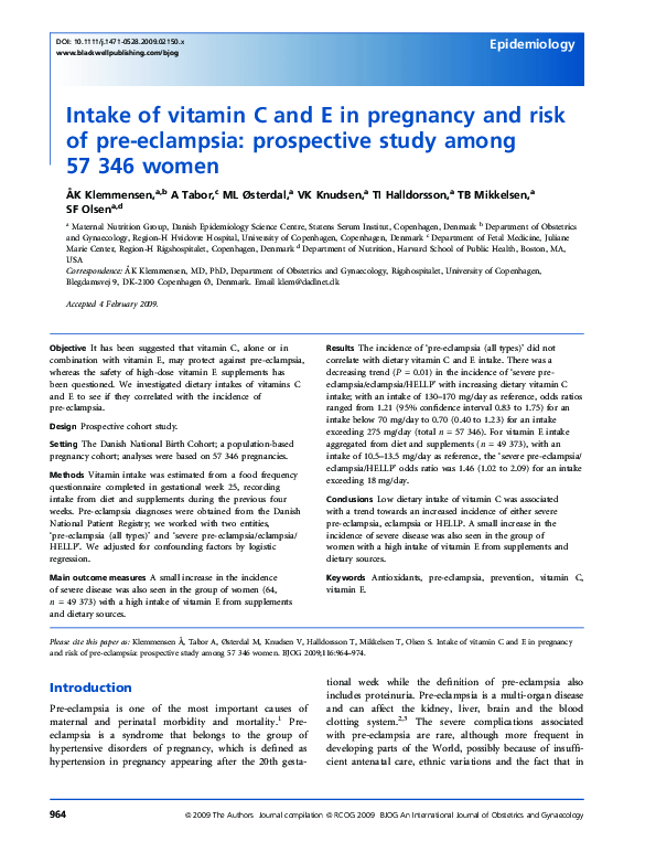 (PDF) Intake of vitamin C and E in pregnancy and risk of pre-eclampsia ...