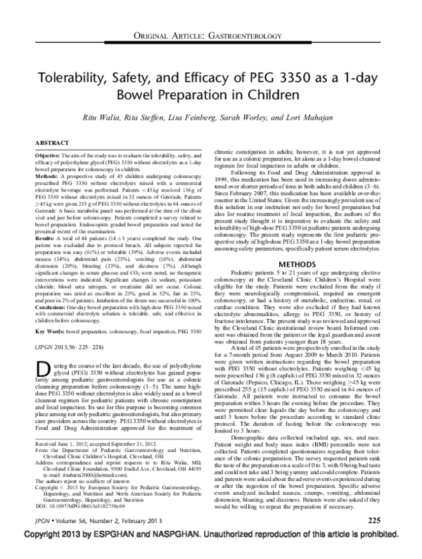 (PDF) Tolerability, Safety, and Efficacy of PEG 3350 as a 1-day Bowel ...
