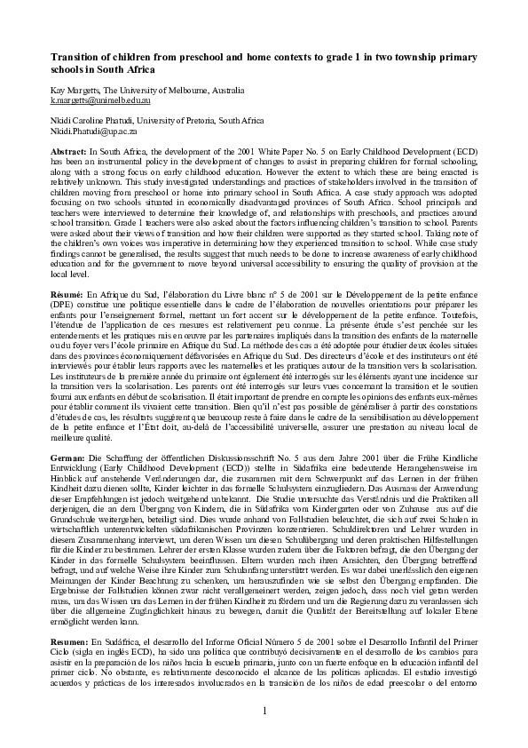 (PDF) Transition of children from preschool and home contexts to grade ...