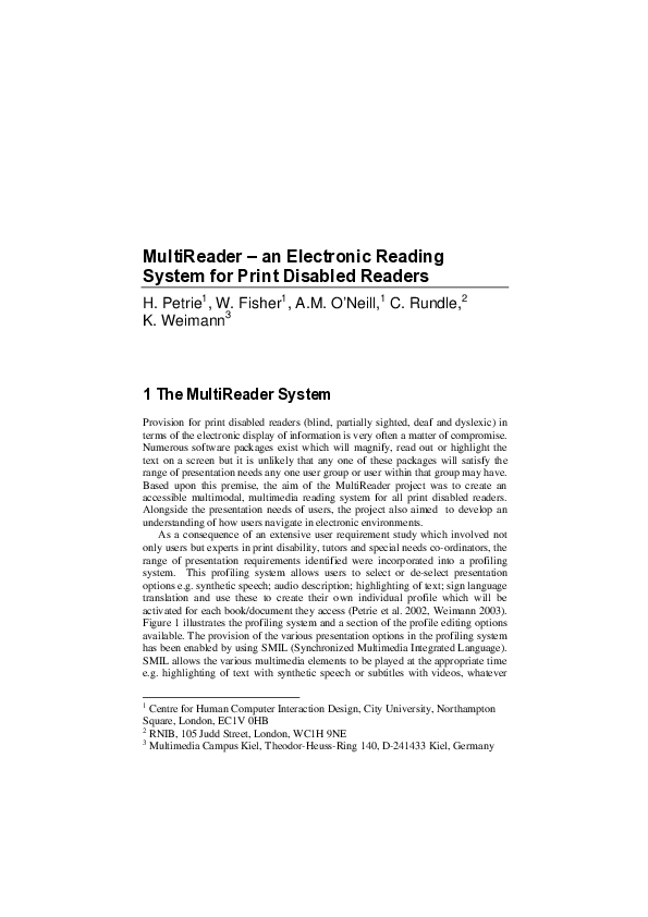 (PDF) MultiReader–an Electronic Reading System for Print Disabled Readers