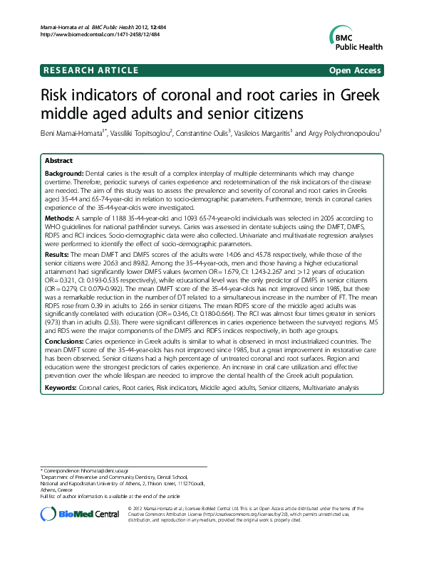 (PDF) Risk indicators of coronal and root caries in Greek middle aged ...