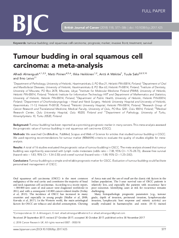 (PDF) Tumour budding in oral squamous cell carcinoma: a meta-analysis