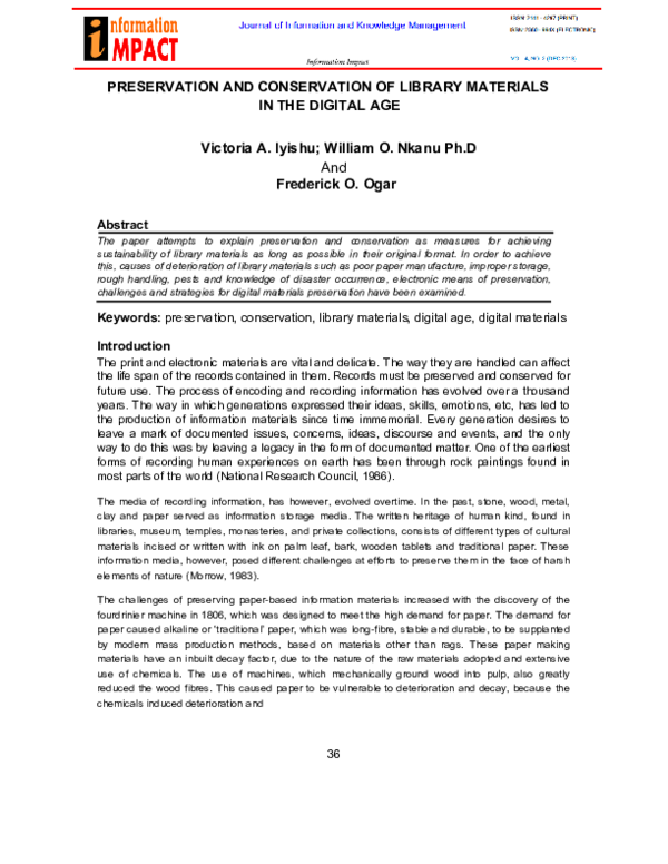 (PDF) Preservation and conservation of library materials in the digital age