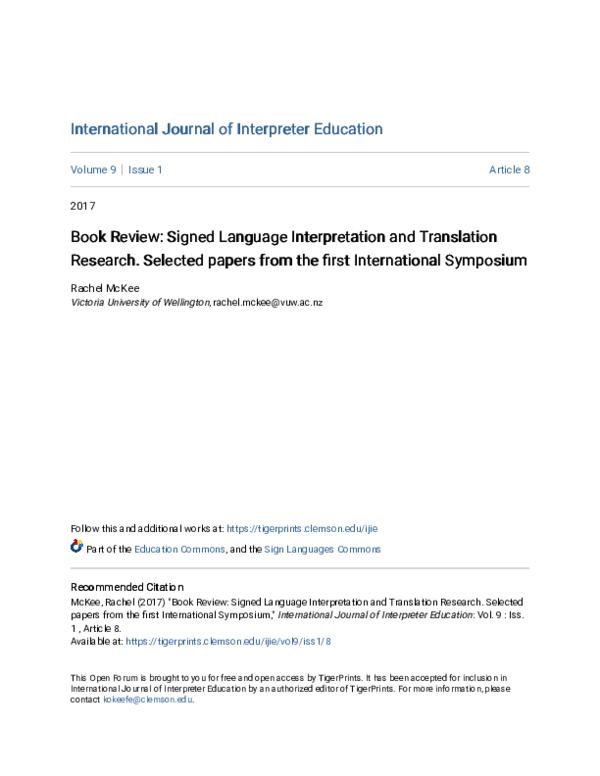 (PDF) Book Review: Signed Language Interpretation and Translation ...
