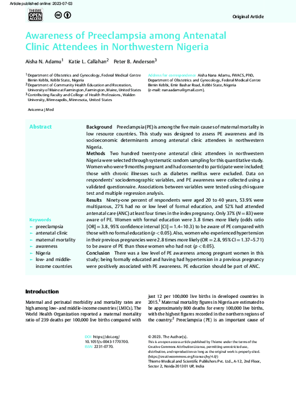 (PDF) Awareness of Preeclampsia among Antenatal Clinic Attendees in ...
