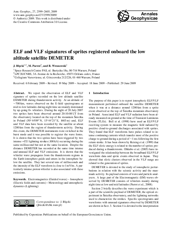 (PDF) ELF and VLF signatures of sprites registered onboard the low ...