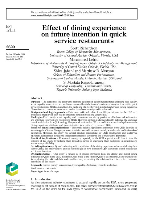 (PDF) Effect of dining experience on future intention in quick service ...