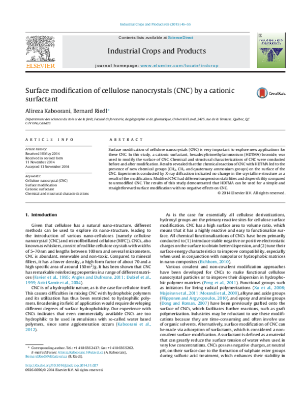 (PDF) Surface modification of cellulose nanocrystal with chitosan ...