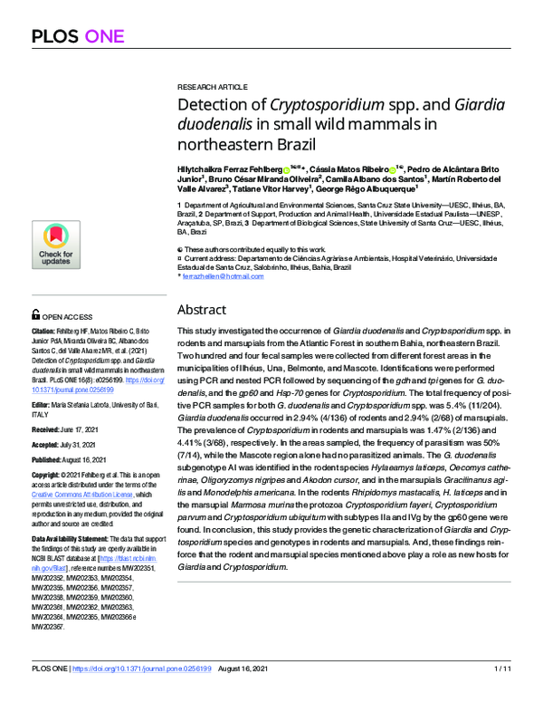 (PDF) Detection of Cryptosporidium spp. and Giardia duodenalis in small ...