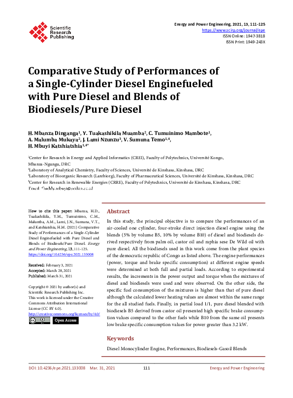 (PDF) Comparative Study of Performances of a Single-Cylinder Diesel ...