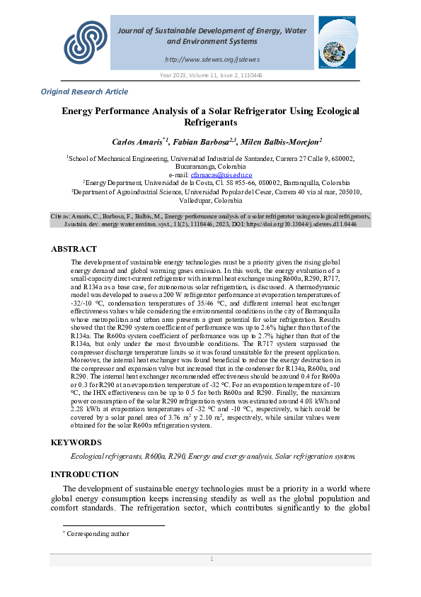 (PDF) Energy Performance Analysis of a Solar Refrigerator Using ...