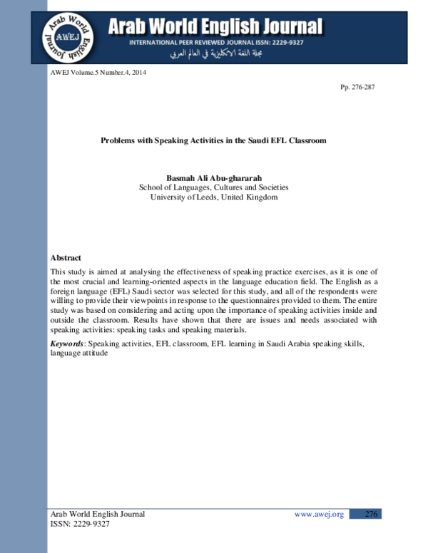 (PDF) Problems with Speaking Activities in the Saudi EFL Classroom