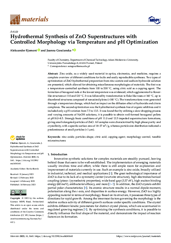 (PDF) Hydrothermal Synthesis of ZnO Superstructures with Controlled ...