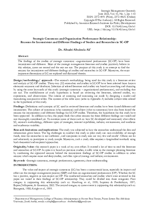 (PDF) Strategic Consensus and Organization Performance Relationship ...