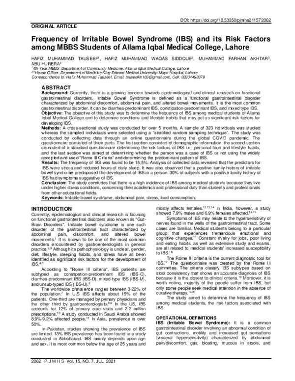 (PDF) Frequency of Irritable Bowel Syndrome (IBS) and its Risk Factors ...