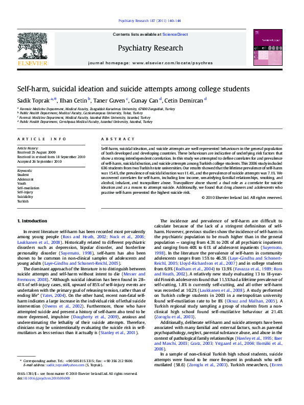 (PDF) Self-harm, suicidal ideation and suicide attempts among college ...