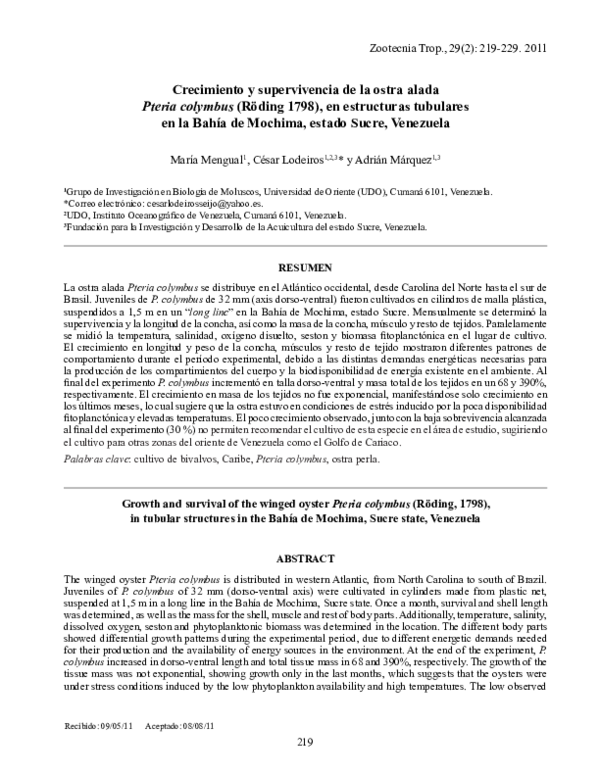 Crecimiento y supervivencia de la ostra alada Pteria colymbus (Röding 1798), en estructuras tubulares en la Bahía de Mochima, estado Sucre, Venezuela