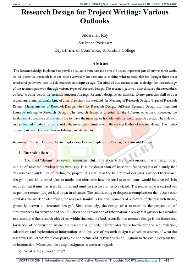 (PDF) Research Design for Project Writing: Various Outlooks