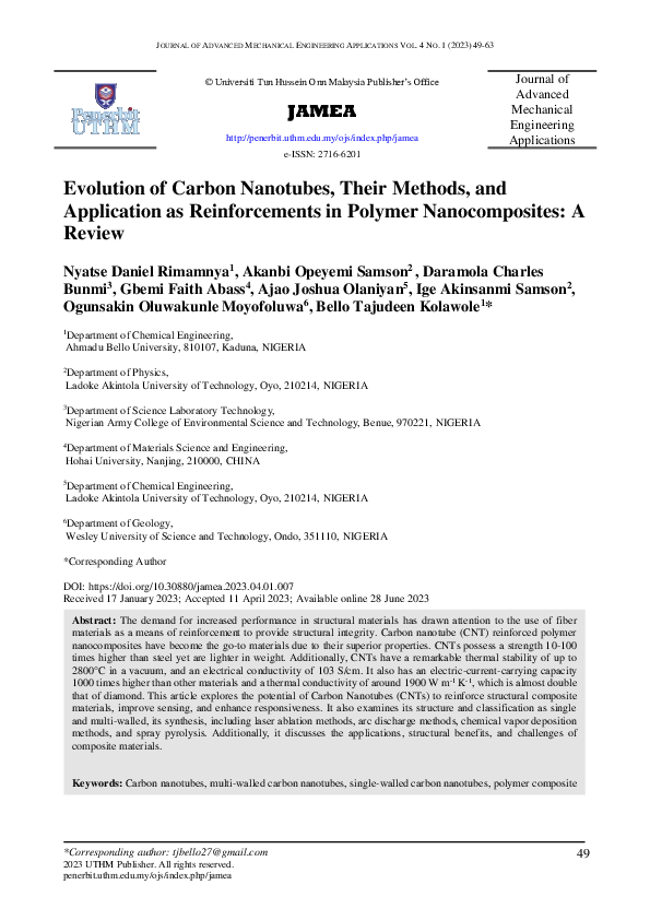 (PDF) Evolution of Carbon Nanotubes, Their Methods, and Application as ...