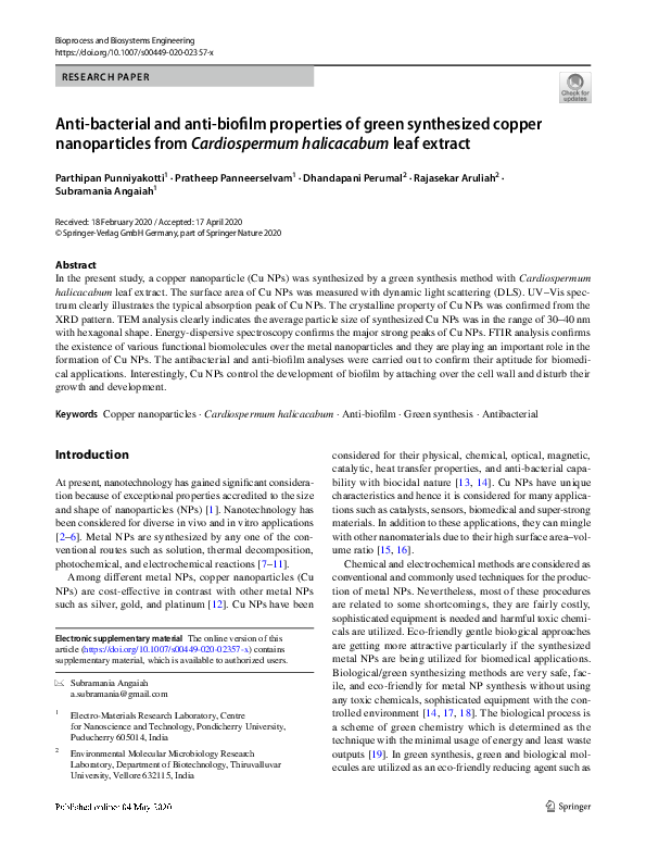 (PDF) Anti-bacterial and anti-biofilm properties of green synthesized ...