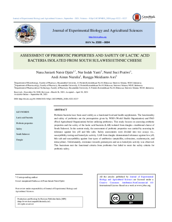 (PDF) Assessment of Probiotic Properties and Safety of Lactic Acid ...