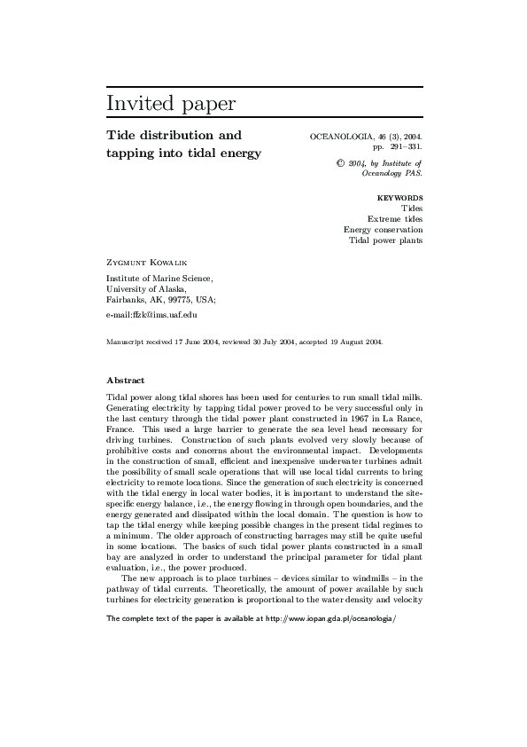 (PDF) Tides Extreme tides Energy conservation Tidal power plants
