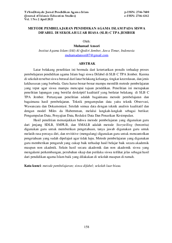 (PDF) Metode Pembelajaran Pendidikan Agama Islam Pada Siswa Difabel DI ...