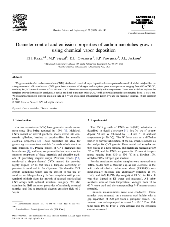 (PDF) Diameter control and emission properties of carbon nanotubes ...