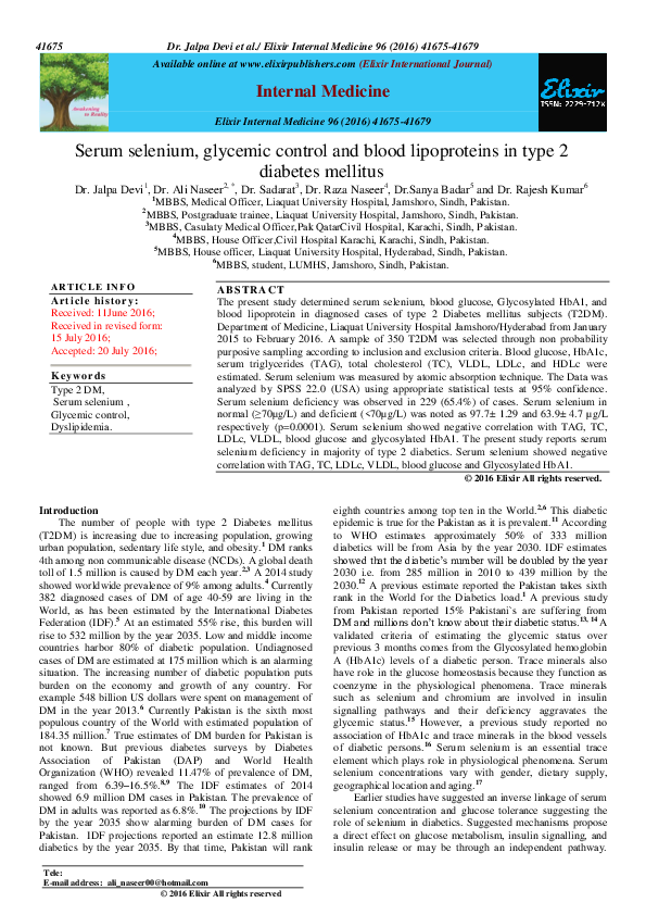 (PDF) Serum selenium , glycemic control and blood lipoproteins in type ...