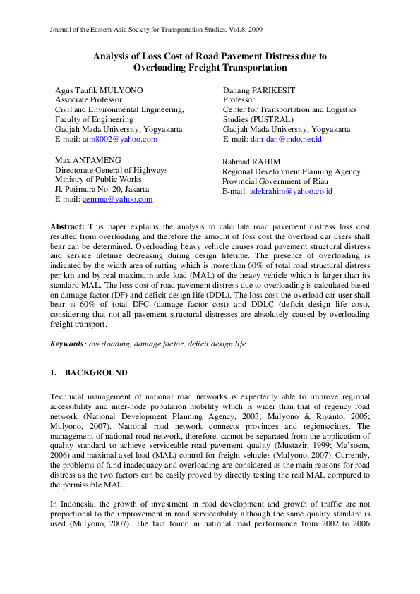 (PDF) Analysis of Loss Cost of Road Pavement Distress due to ...