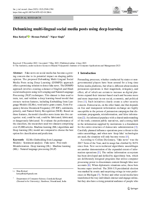 (PDF) Debunking multi-lingual social media posts using deep learning