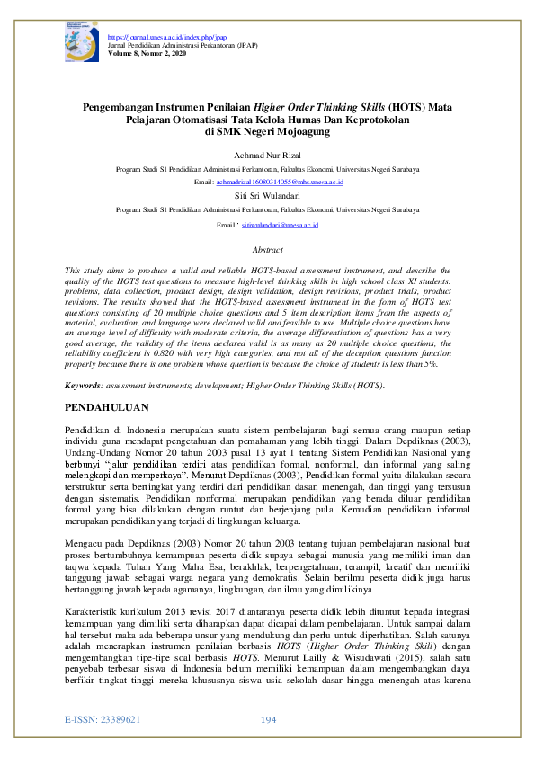 (PDF) Pengembangan Instrumen Penilaian Higher Order Thinking Skills ...