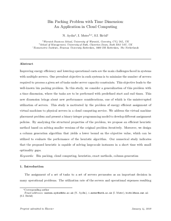 (PDF) Bin Packing Problem with Time Dimension : An Application in Cloud ...