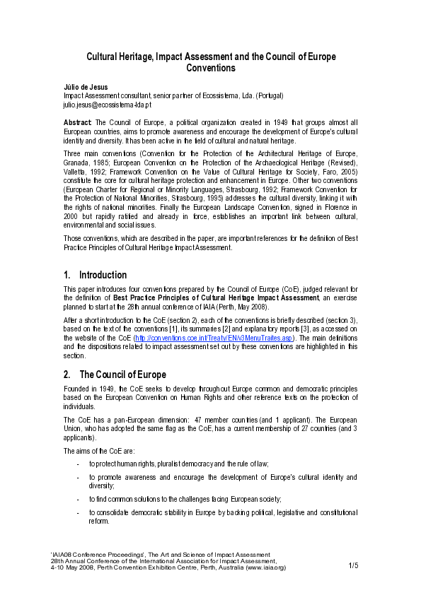 (PDF) Cultural Heritage, Impact Assessment and the Council of Europe ...