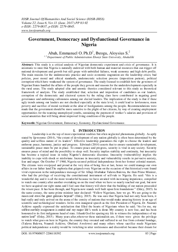 (PDF) Government, Democracy and Dysfunctional Governance in Nigeria
