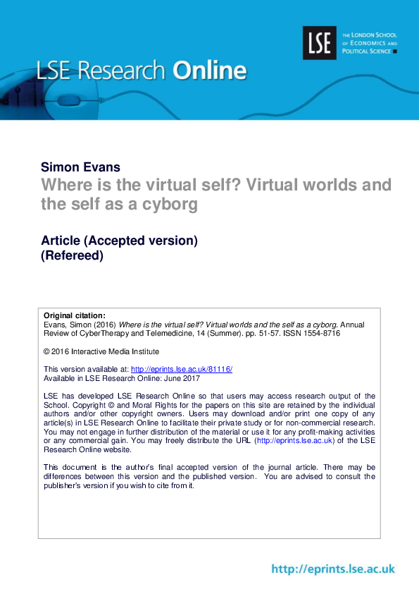 (PDF) Where is the virtual self? Virtual worlds and the self as a cyborg