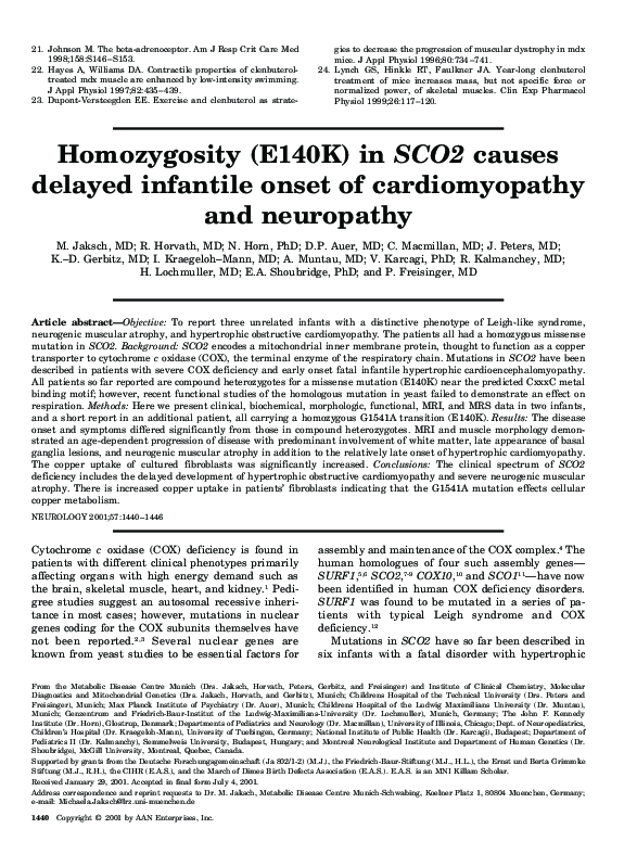 (PDF) Homozygosity (E140K) in SCO2 causes delayed infantile onset of ...