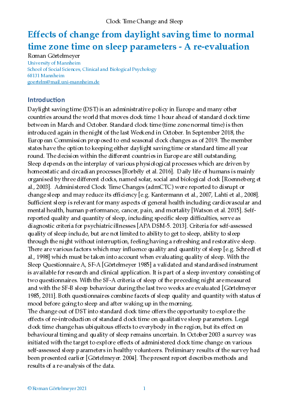 (PDF) Clock Time Change and Sleep