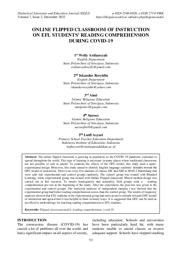 (PDF) Online Flipped Classroom of Instruction on Efl Students’ Reading ...